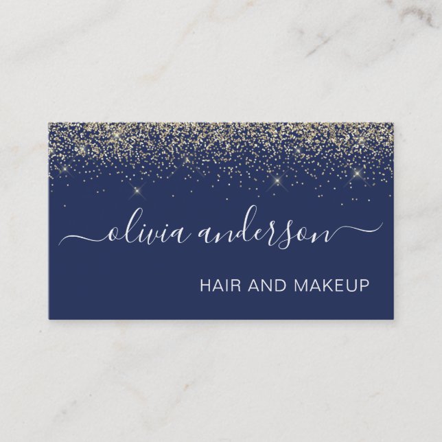Gold und Navy Blue Glitzer Haar Makeup Salon Visitenkarte (Vorderseite)