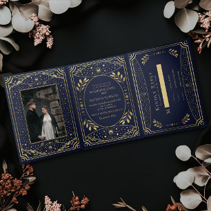 Gold und Navy Elegante Tarot-Hochzeit Dreifach Gefaltete Einladung