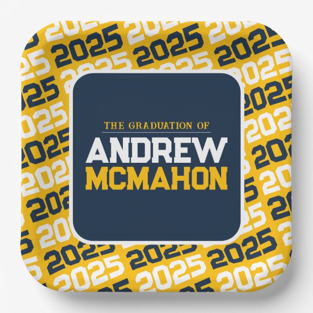 Gold und Navy Personalisierter Abschluss Pappteller (Vorderseite)