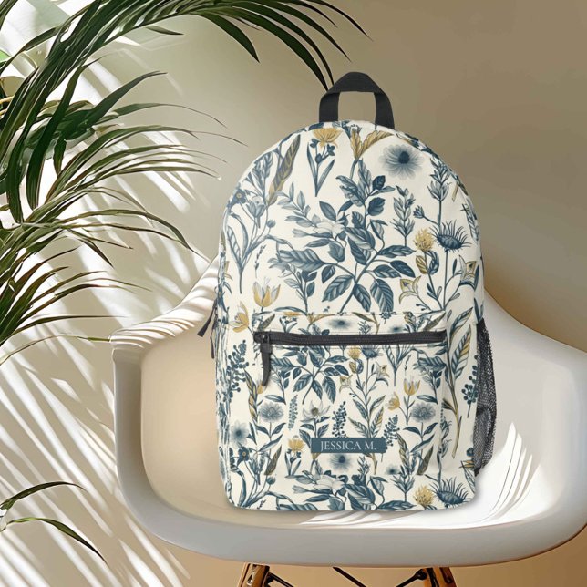 Gold und Navy Vintag Botanic Bedruckter Rucksack (Embrace the serene beauty of nature with this seamless botanical pattern. )