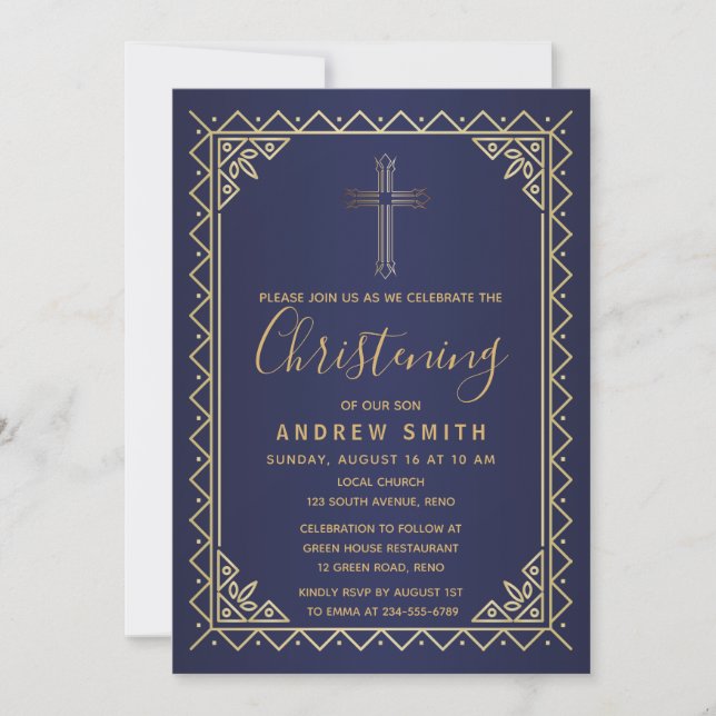 Gold- und Navy-Vintag-Kalligrafie-Christening Einladung (Vorderseite)