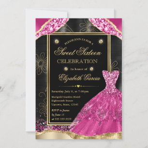 Gold- und Pink Glitterkleid Sweet Sixteen Einladung