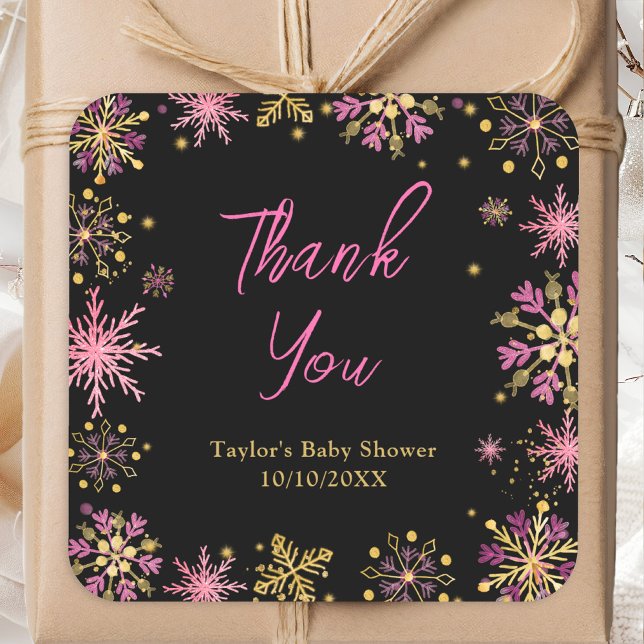 Gold und Pink Snowflakes Baby Dusche Danke Quadratischer Aufkleber (Von Creator hochgeladen)