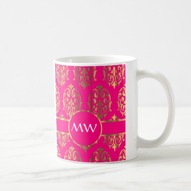 Gold und pinkfarbenes rosa Damastmuster Kaffeetasse (Rechts)