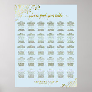 Gold- und Puderblau-30-Tisch-Hochzeits-Sitzplan Poster