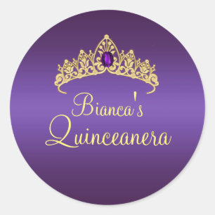 Gold- und Purpur-Edelstein-Tiara-Quinceanera-Aufkl Runder Aufkleber