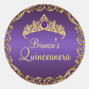 Gold- und Purpur-Edelstein-Tiara-Quinceanera-Aufkl Runder Aufkleber