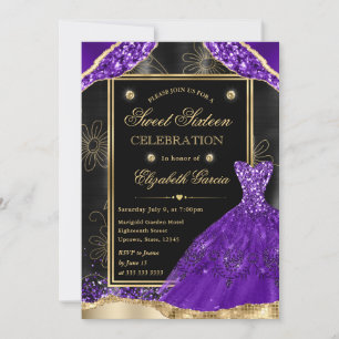 Gold- und Purpur-Glitter-Kleid Sweet Sixteen Einladung