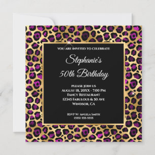 Gold- und Purpur-Leoparden-Folie Glam 50. Geburtst Einladung