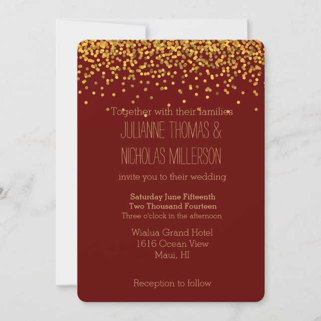 Gold und Red Confetti Dots Wedding Einladung (Vorderseite)
