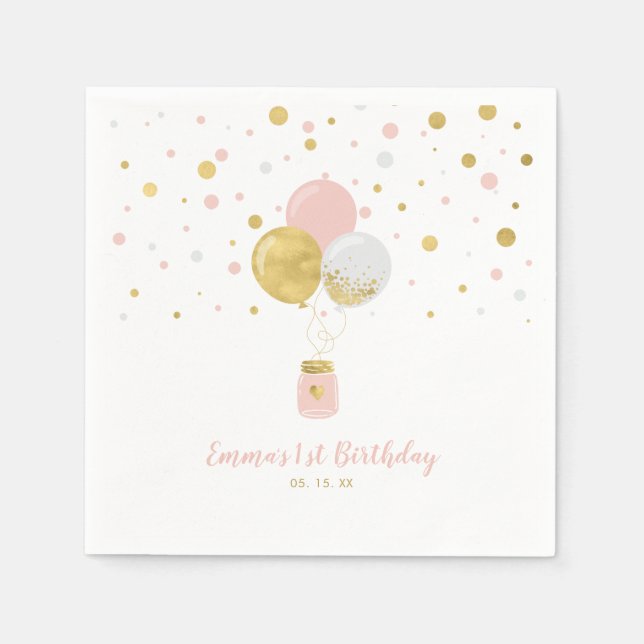 Gold und Rosa | Balloons & Confetti Girl Geburtsta Serviette (Vorderseite)
