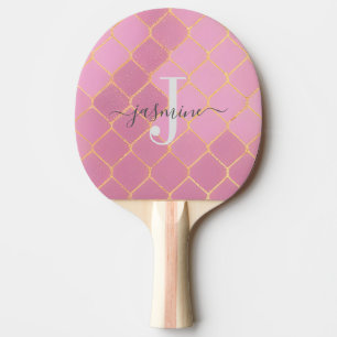 Gold- und rosa-girly-glitzerndes Monogramm-Skript Tischtennis Schläger