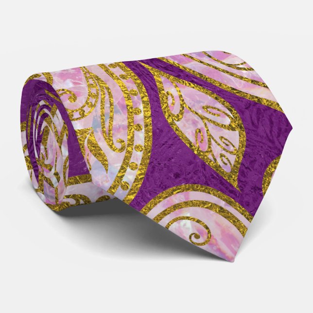 Gold und rosa Glitter Paisley-Muster auf Lila Krawatte (Gerollt)