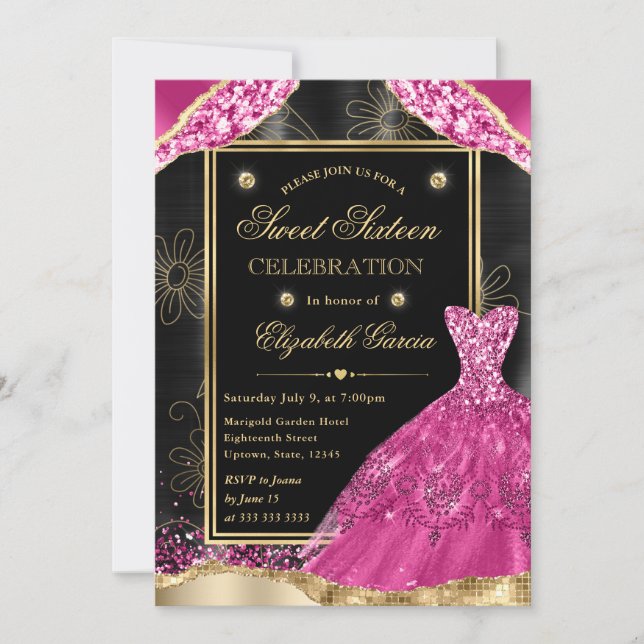 Gold und Rosa Glitzer Dress 16 . Geburtstag Einladung (Vorderseite)