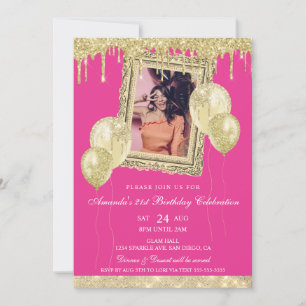Gold- und rosa-glitzer-tropf-fotorahmen einladung