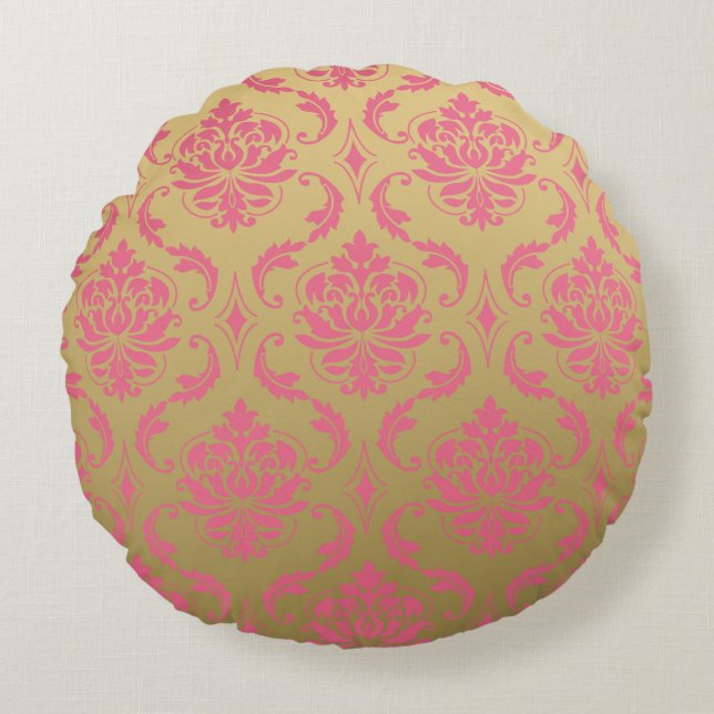 Gold-und Rosa-Klassiker-Damast Rundes Kissen (Vorderseite)