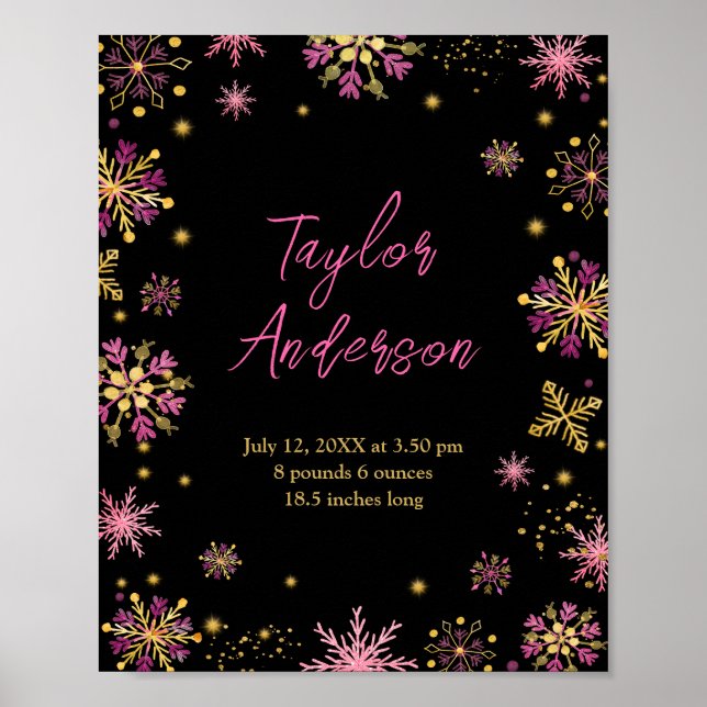 Gold und Rosa Schneeflocken Geburtsstunde Poster (Vorne)