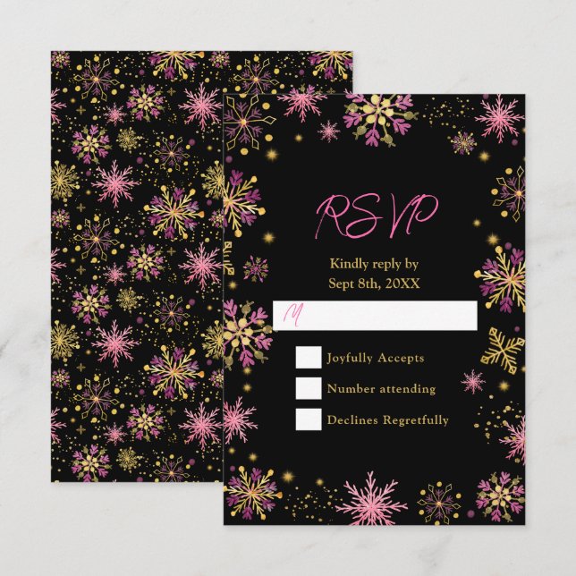 Gold und Rosa Schneeflocken Winter RSVP Karte (Vorne/Hinten)