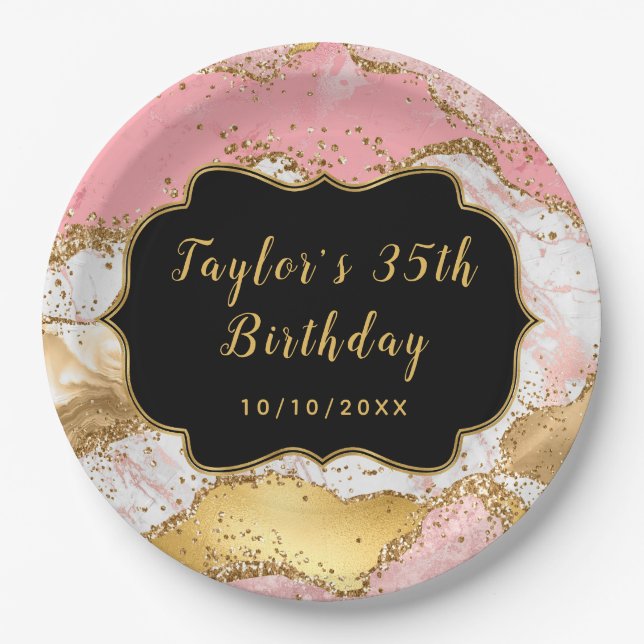 Gold und Rosa Sequins Agate Birthday Pappteller (Vorderseite)
