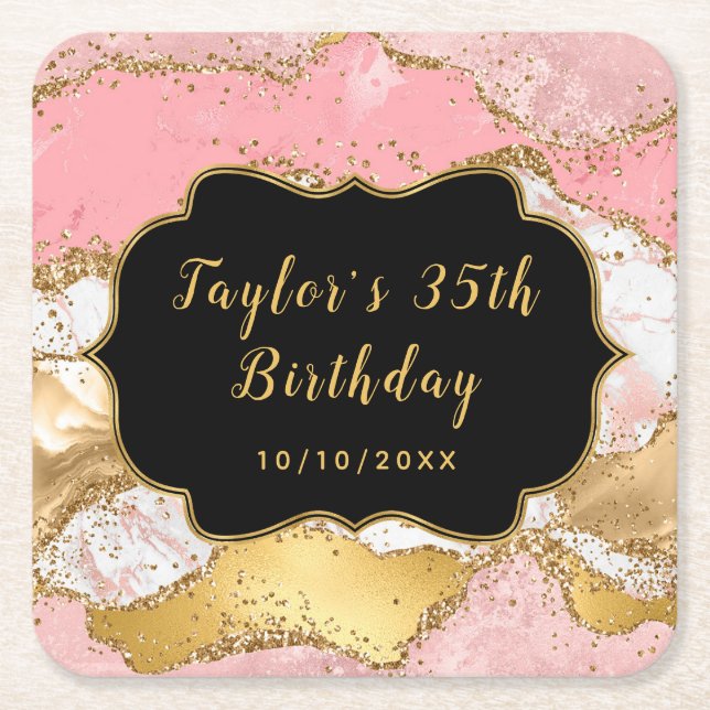 Gold und Rosa Sequins Agate Birthday Rechteckiger Pappuntersetzer (Vorderseite)