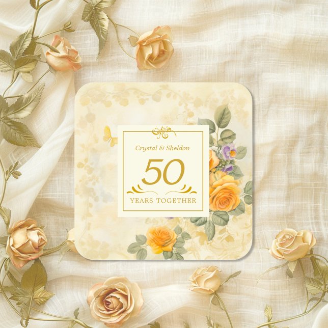 Gold und Rose 50. Hochzeitsticker Quadratischer Aufkleber (Gold Yellow Roses 50th Wedding Anniversary sticker)