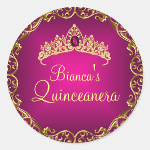 Gold- und Rosé-Edelem-Tiara-Quinceanera-Aufkleber Runder Aufkleber