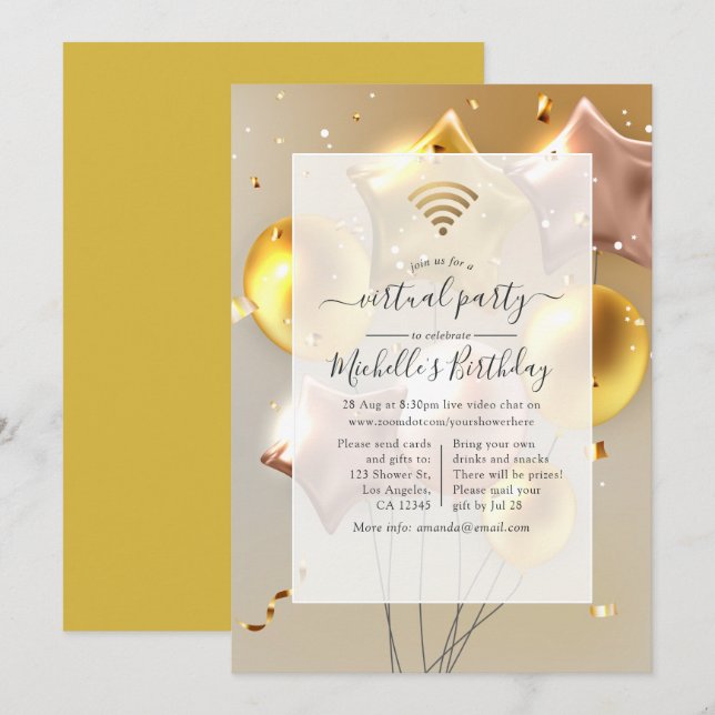 Gold und Rose Gold Balloons Virtual Birthday Party Einladung (Vorne/Hinten)