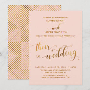 Gold und Rosé ihre Hochzeitstypografie mit Herzen Einladung