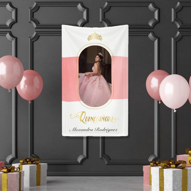 Gold und Rose Rosa Foto Quinceanera Banner (Von Creator hochgeladen)