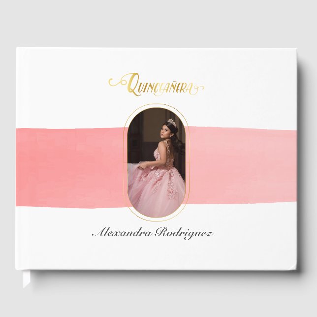 Gold und Rose Rosa Foto Quinceanera Gästebuch (Vorderseite)