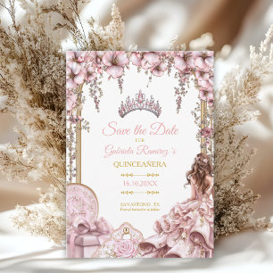 Gold- und Rosé-Tiara-Floral-Quinceañera Save The Date
