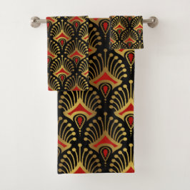 Gold und Rot Art Deco Muster auf schwarz Badhandtuch Set