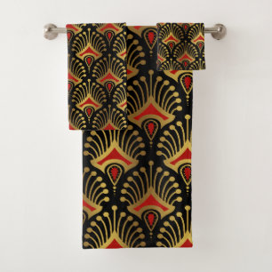 Gold und Rot Art Deco Muster auf schwarz Badhandtuch Set