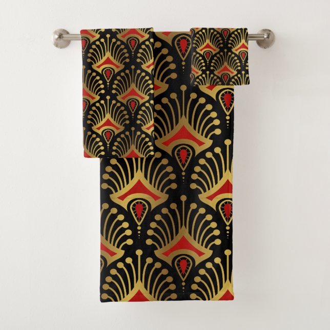 Gold und Rot Art Deco Muster auf schwarz Badhandtuch Set (Insitu)