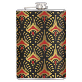 Gold und Rot Art Deco Muster auf schwarz Flachmann
