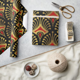 Gold und Rot Art Deco Muster auf schwarz Geschenkpapier