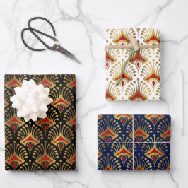 Gold und Rot Art Deco Muster auf schwarz Geschenkpapier Set