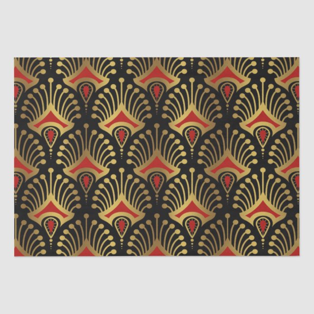 Gold und Rot Art Deco Muster auf schwarz Seidenpapier (Vorderseite)
