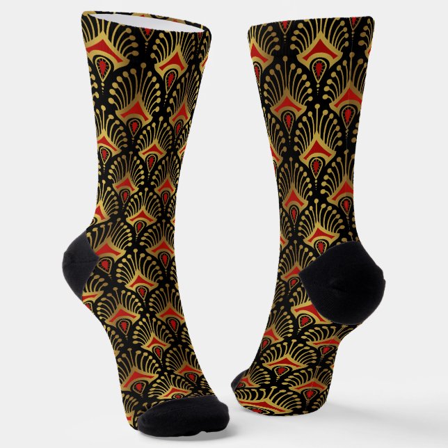 Gold und Rot Art Deco Muster auf schwarz Socken (Gewinkelt)