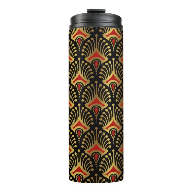 Gold und Rot Art Deco Muster auf schwarz Thermosbecher (Vorderseite)