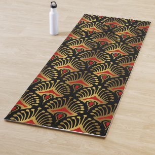 Gold und Rot Art Deco Muster auf schwarz Yogamatte