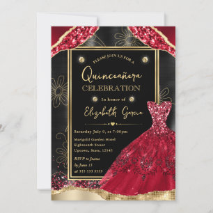 Gold- und Rot glitzerndes Kleid Quinceanera Einladung