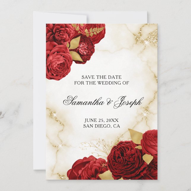 Gold und Rot, Vintage Blumengrenzen Save The Date (Vorderseite)