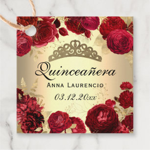 Gold- und rote Blumenrosen Quinceanera-Party Geschenkanhänger