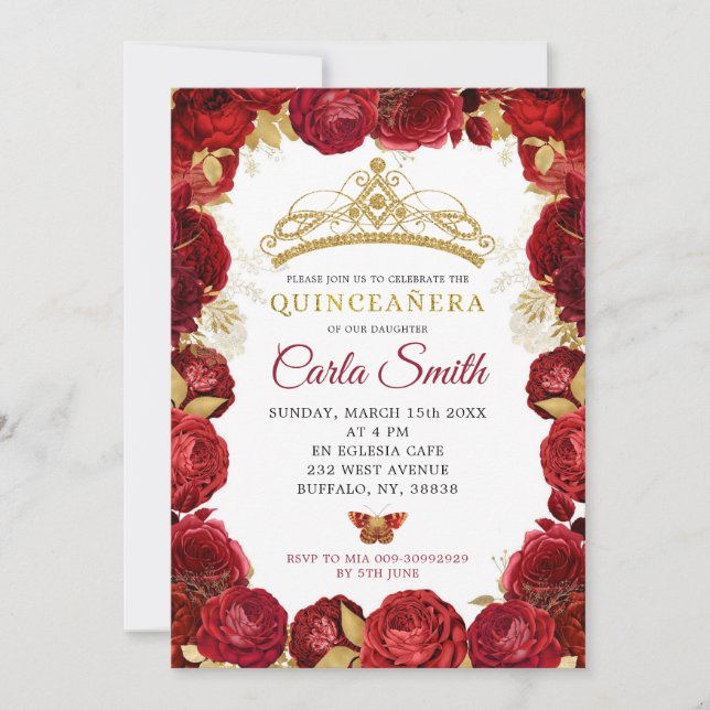 Gold und Rote Rosen Mis Quince Einladung zum Gebur (Vorderseite)