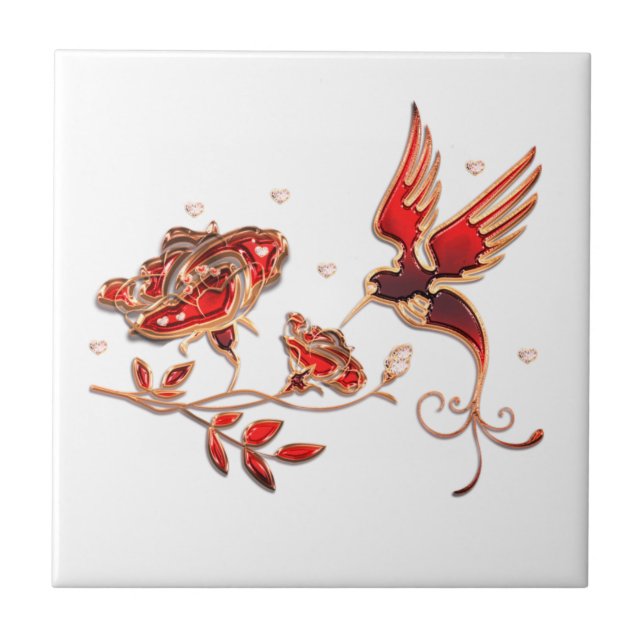 Gold und Roter Schmuck mit Vogel und Rose Tile Fliese (Vorderseite)