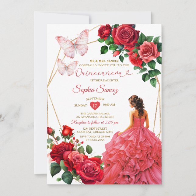 Gold und Rotes Kleid Blütenprinzessin Quinceañera Einladung (Vorderseite)