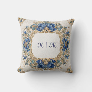 Gold und Royal Blau Florale Barock-Rundrahmen Kissen