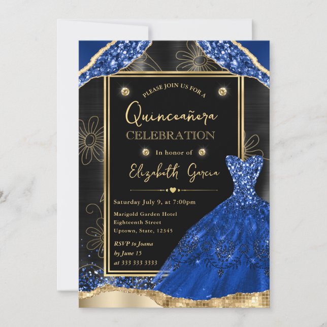 Gold und Royal Blue Glitzer Dress Quinceanera Einladung (Vorderseite)