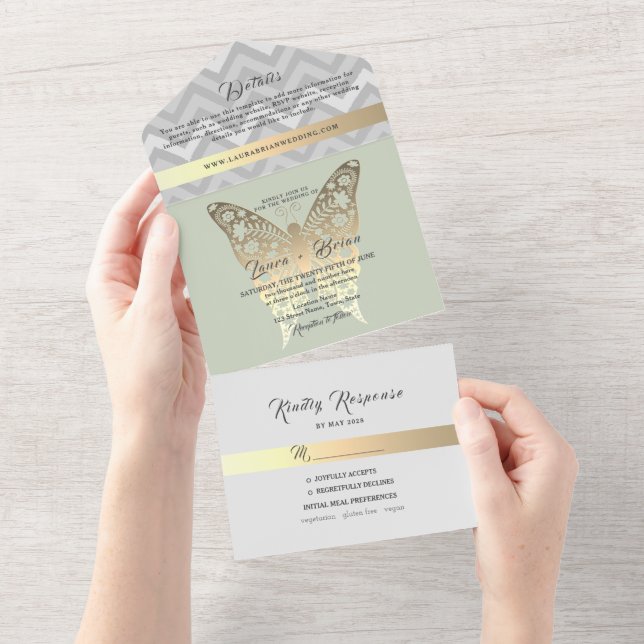 Gold und Sage Green Wedding All In One Einladung (Abreißen)